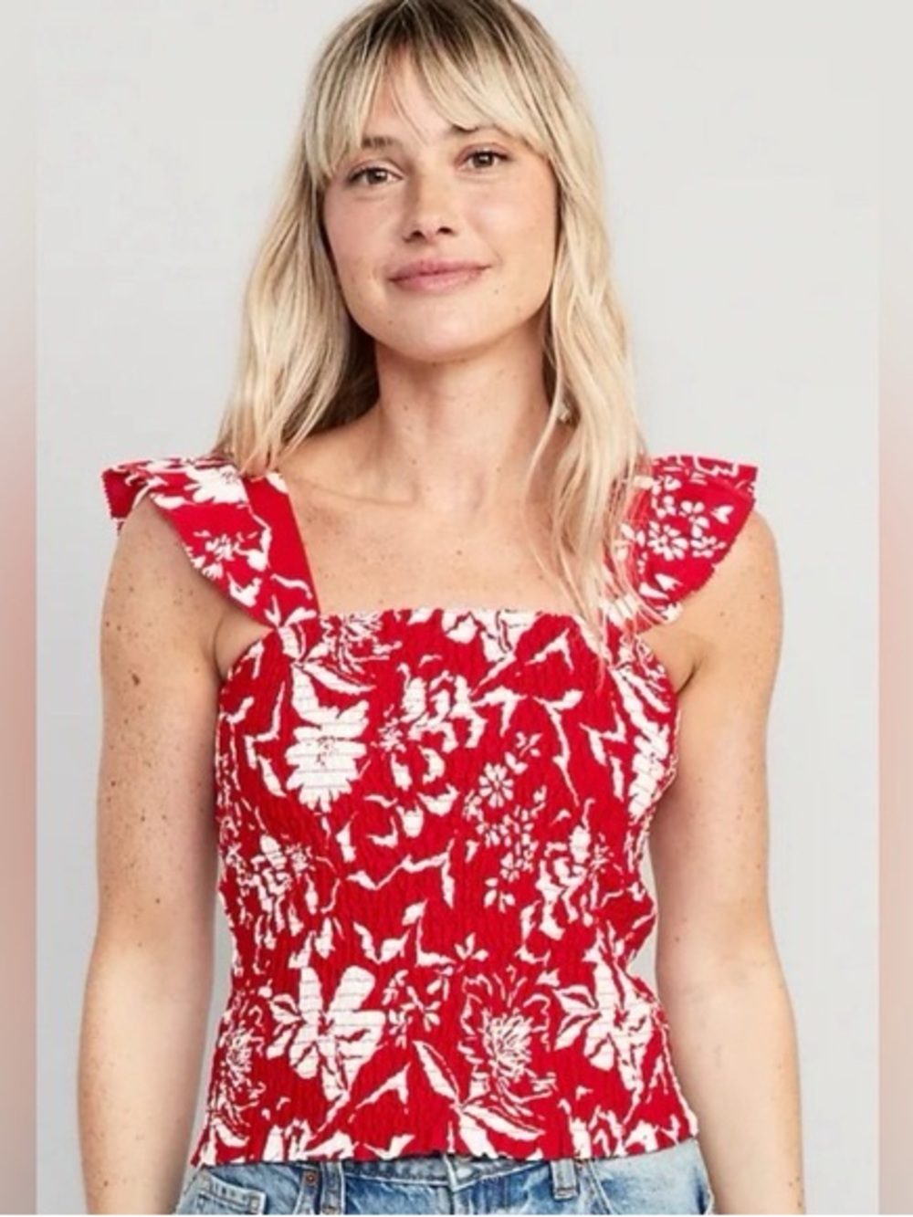 Old Navy Red and White Floral Smocked Tank - Women